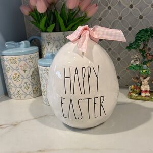 Rae Dunn Happy Easter Ceramic Egg Decor - White with Pink Bow